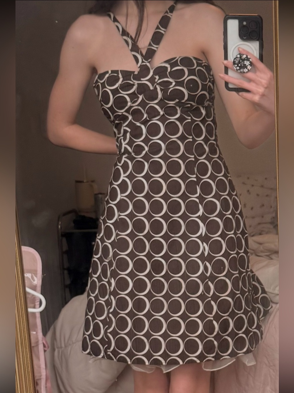 A Line Brown and Cream Circle Print Dress with neck tie and underskirt